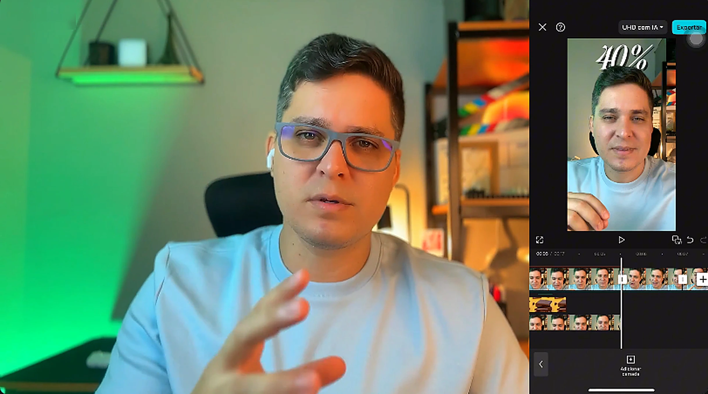 Aula mostrando a timeline do CapCut com efeitos