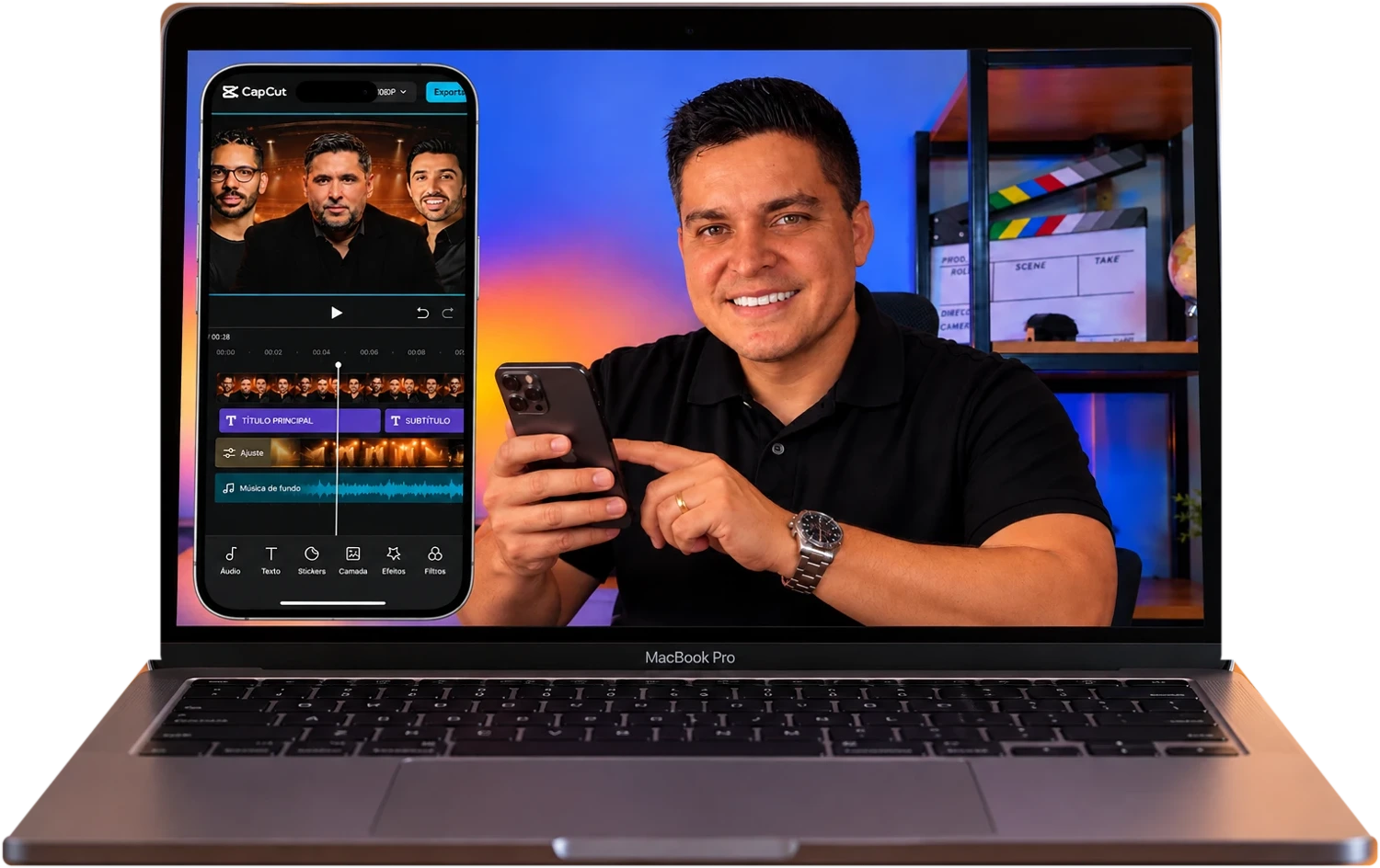 MacBook mostrando Eri Rodrigues dando aula de CapCut pelo celular